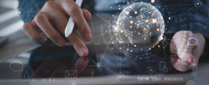 Global internet network connection technology, Business man using digital tablet with global network and technology icons on virtual screen,