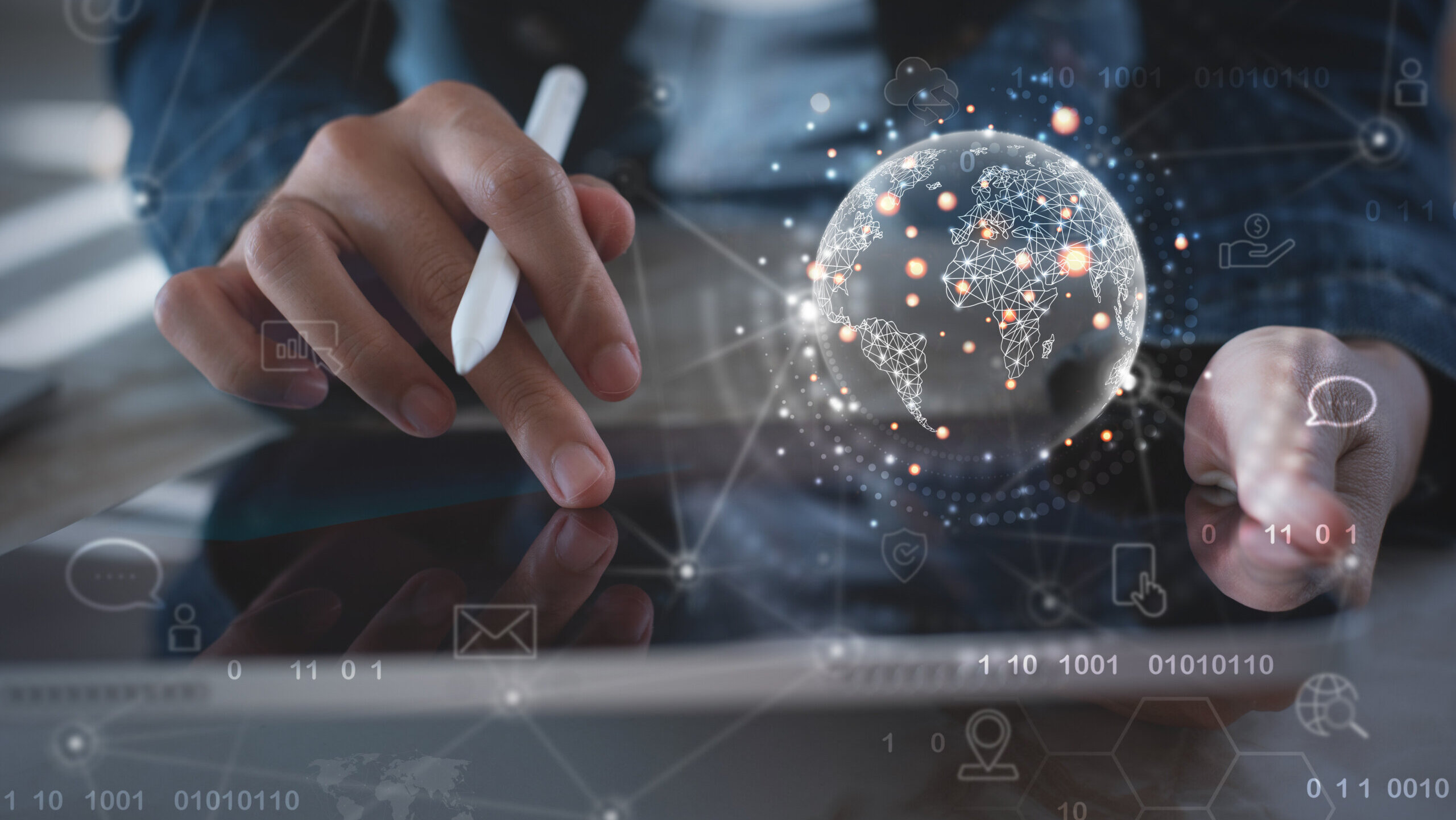 Global internet network connection technology, Business man using digital tablet with global network and technology icons on virtual screen,